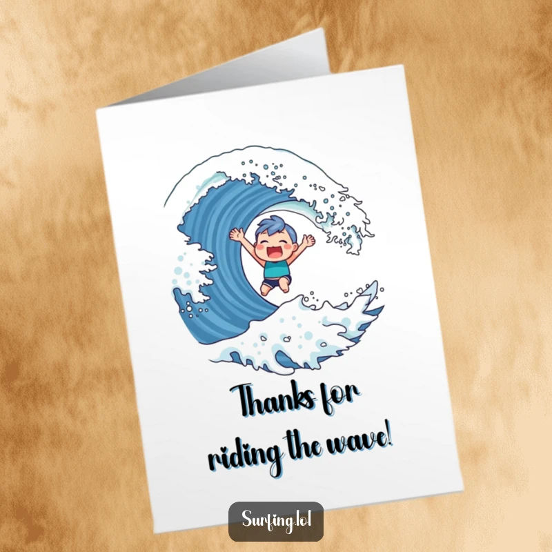 Funny Free Printable Thank You Card featuring a cute character riding a giant wave with a triumphant grin, sending thanks with style.