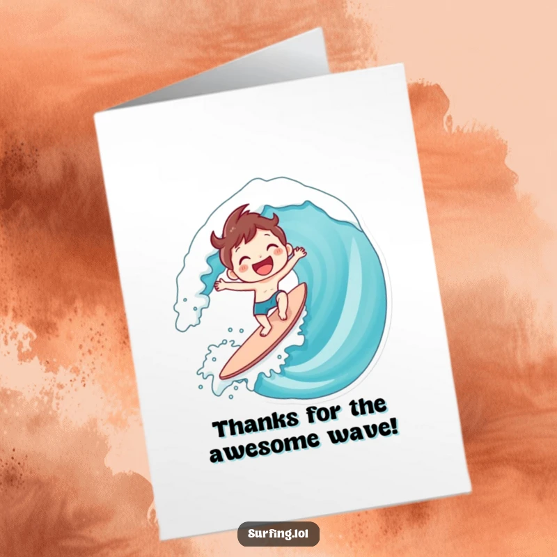 Funny free printable thank you card of a character riding a giant wave with pure joy, expressing thanks with a huge smile.