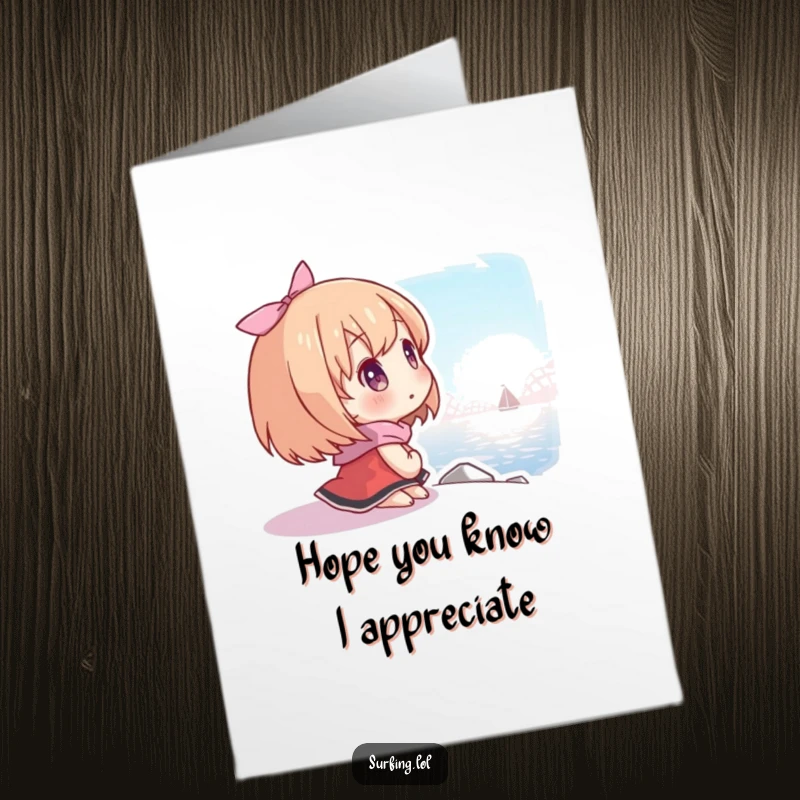 Funny Free Printable Thank You Card: Character looking towards a distant shore, expressing hopeful gratitude and looking forward.