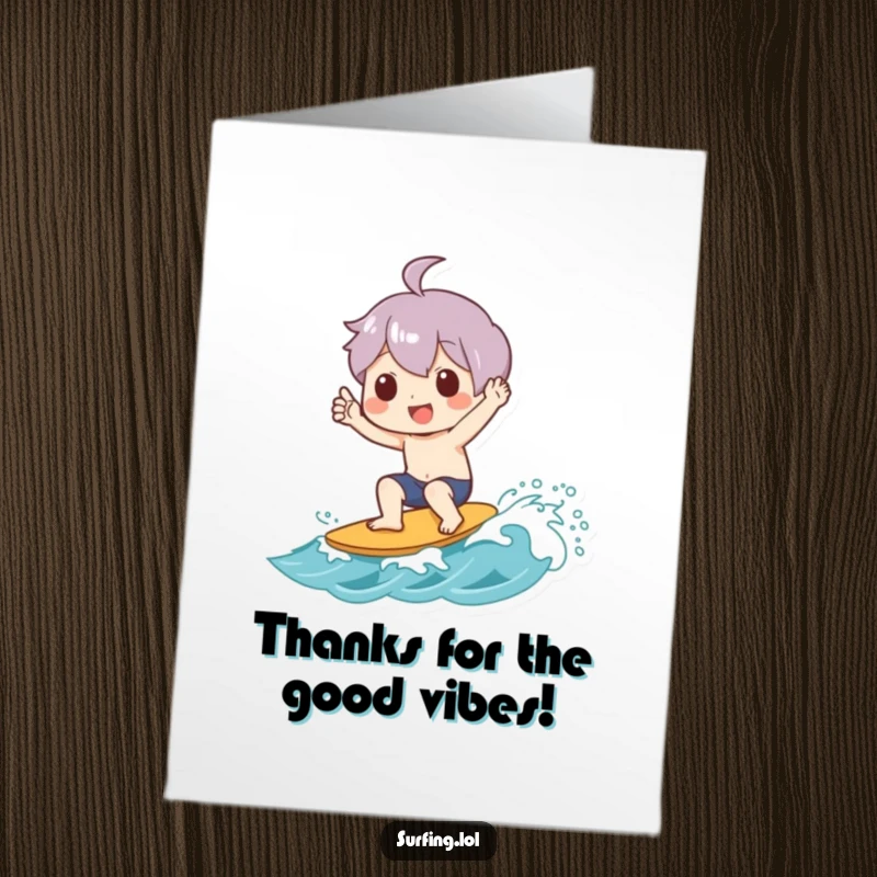 Free Printable Thank You Card: Character joyfully giving a shaka sign while riding a small wave, expressing thanks.
