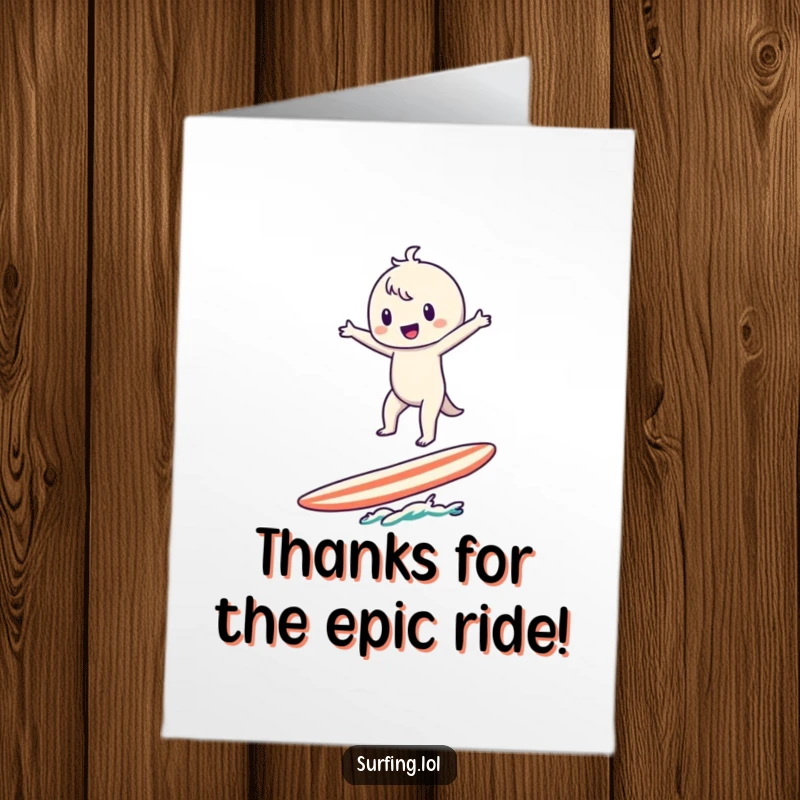 Funny Free Printable Thank You Card: Character balancing on a surfboard, arms wide, expressing thanks.