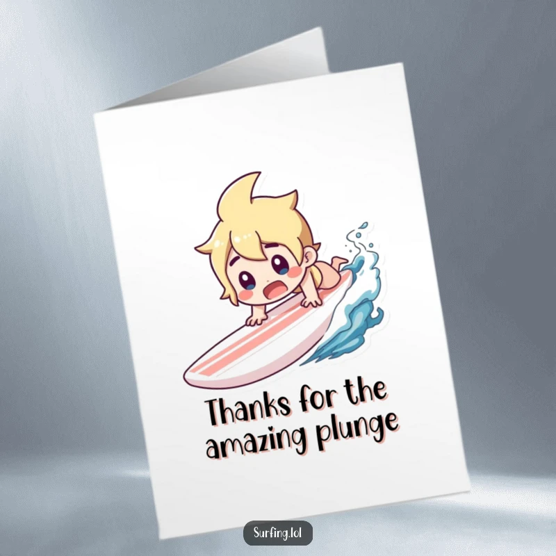 Funny Free Printable Thank You Card: Character dives headfirst off a surfboard, eyes wide with a surprised gasp.