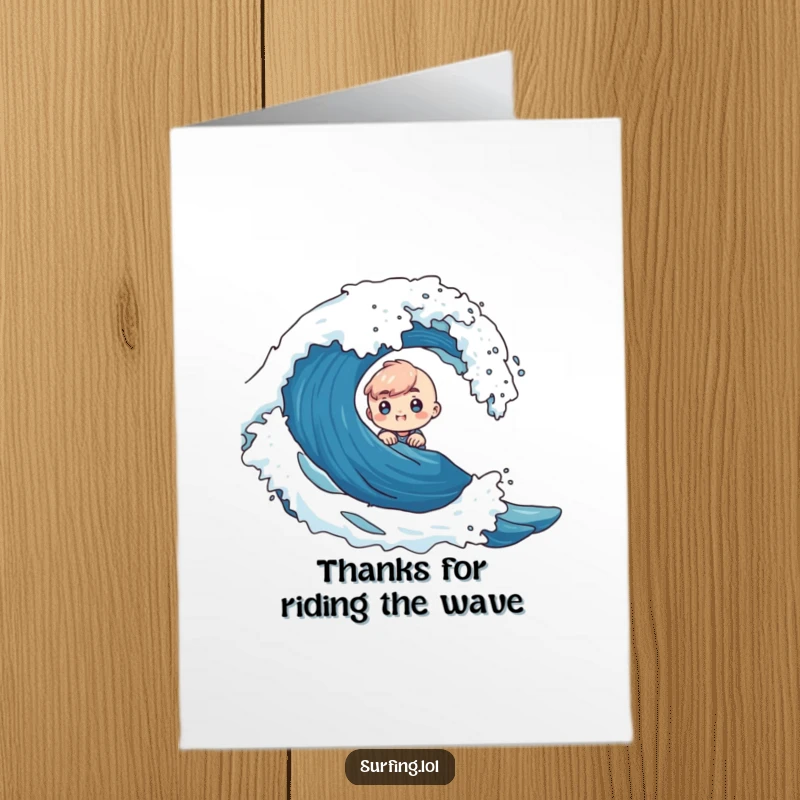 Funny free printable thank you card: a tiny character peeks from behind a crashing wave, showing curious excitement.