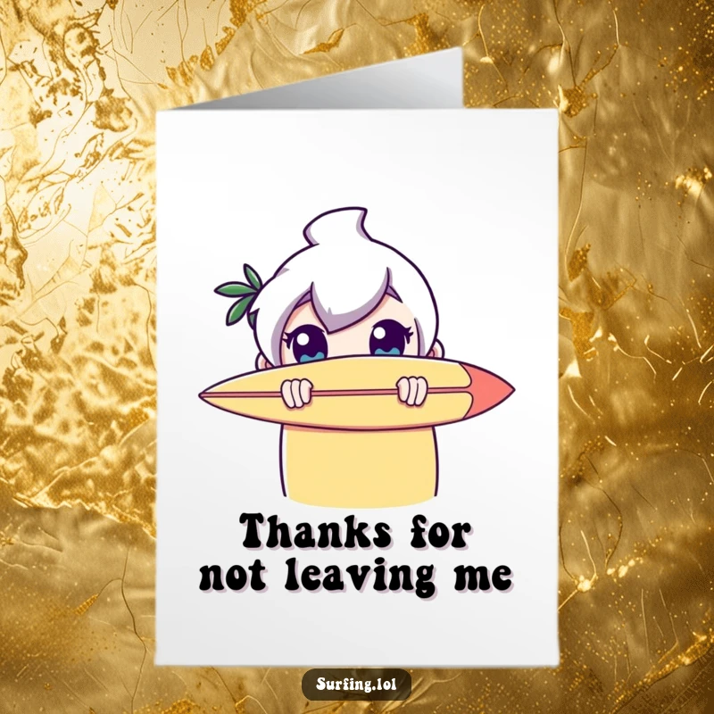 Funny free printable thank you card of a character hiding behind a surfboard, peeking out with wide, shy eyes to say thanks.