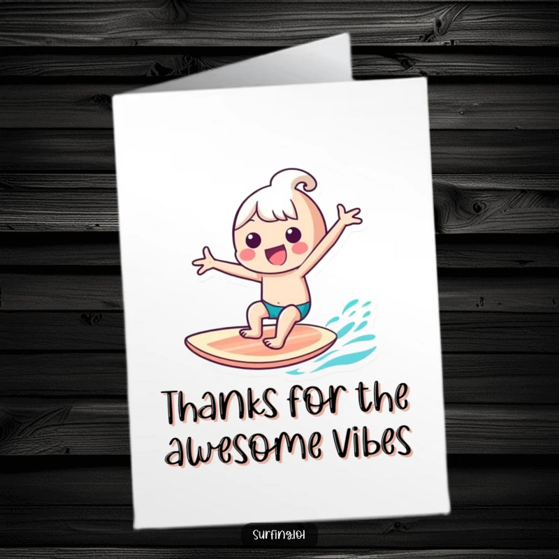 Funny Free Printable Thank You Card: Kawaii character surfs with arms outstretched, expressing thanks with joyful abandon.
