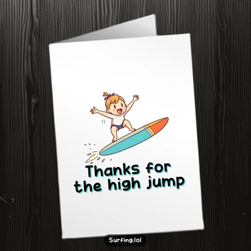 Funny Free Printable Thank You Card: a small character captured mid-jump on a surfboard, showing exuberant gratitude.
