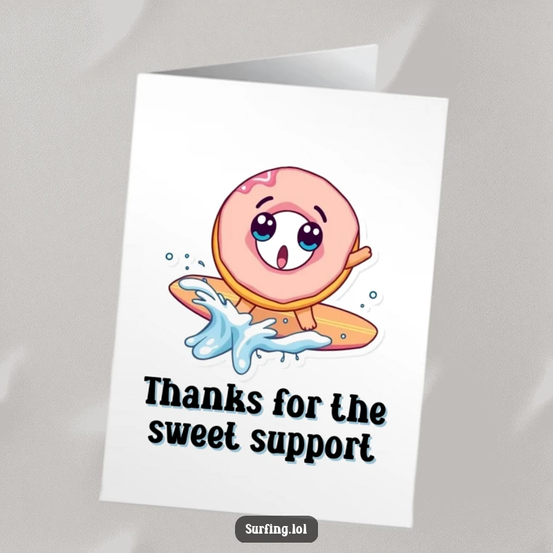 Funny Free Printable Thank You card: A surprised donut character falls off its surfboard into the water with a humorous splash.