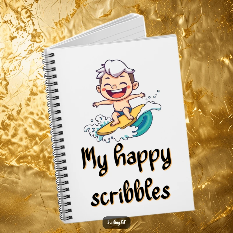 Funny notebook cover with a joyful character surfing a wave with an exaggerated goofy grin, encouraging happy thoughts and creative writing.