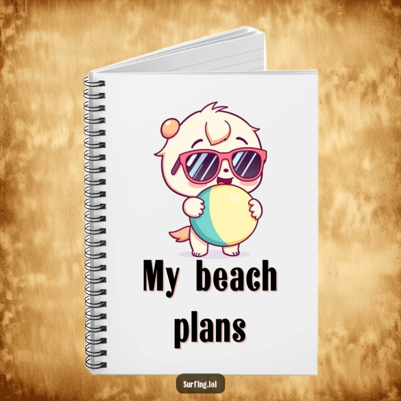 Funny notebook with a kawaii character in sunglasses, gleefully holding a beach ball, for jotting down happy summer thoughts.
