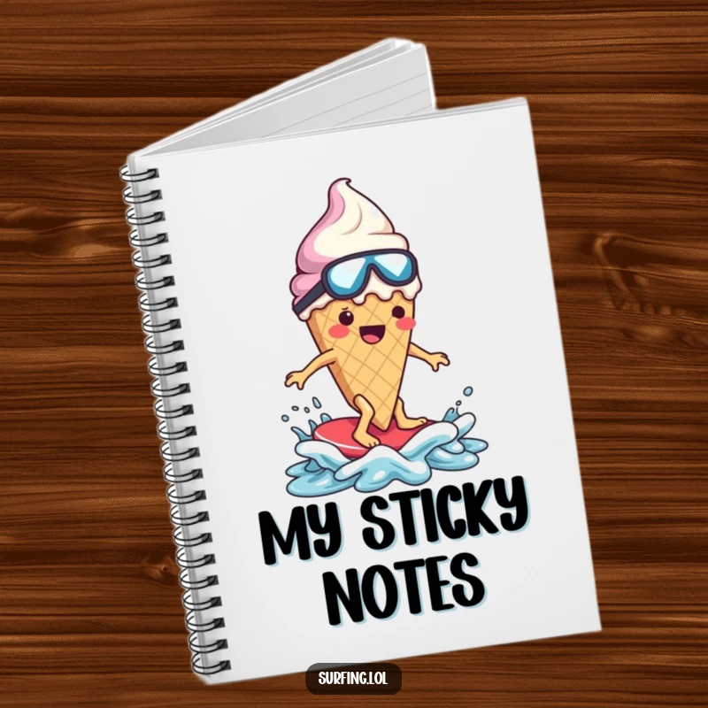 Funny ice cream cone character, melting, surfing, on a ruled notebook, humorous design.