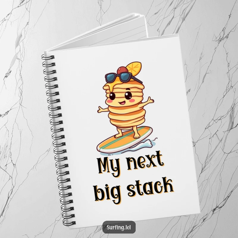 Funny pancake character, determined, balancing pancakes on a surfboard, ready to write, ruled notebook, humorous design.