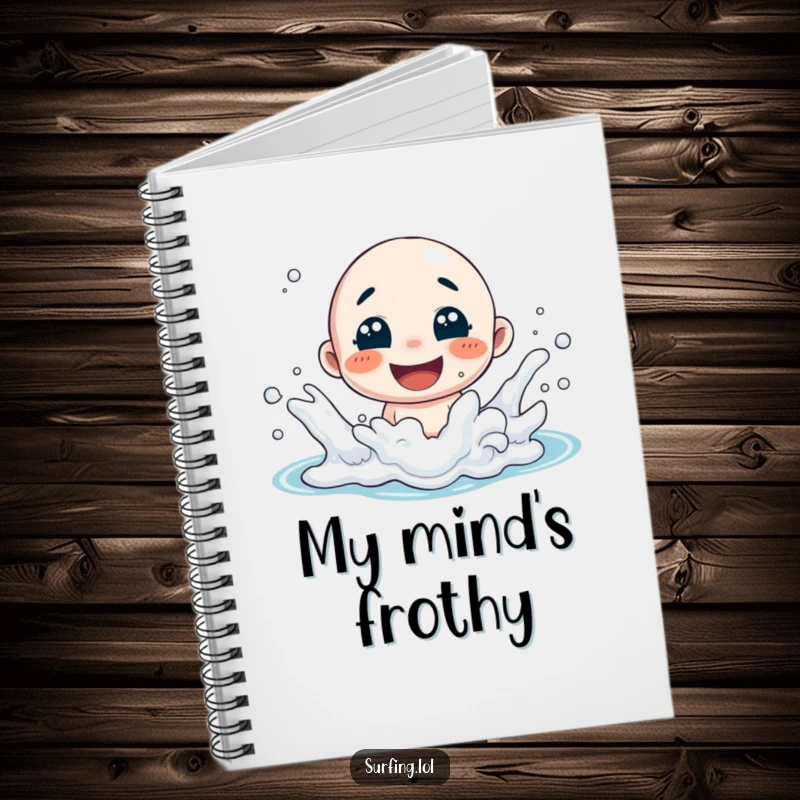 Funny notebook cover with a character playfully splashing in ocean foam with a wide smile, encouraging fun and creativity.