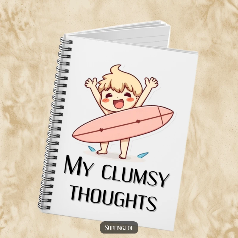 Funny notebook cover: A character happily flailing arms after a clumsy surfboard drop, perfect for capturing beachy ideas and fun.