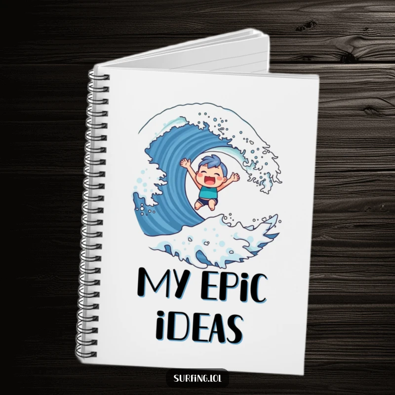 Funny Notebook featuring a cute character with a triumphant grin, surfing a giant wave, designed for capturing victorious ideas.