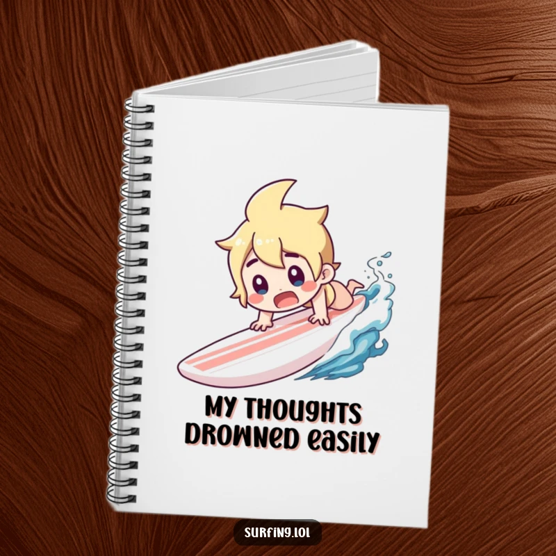 Funny notebook depicting a character diving headfirst off a surfboard with a surprised gasp.