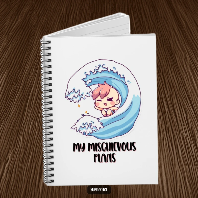 Funny notebook with a character winking mischievously while riding down a wave, great for jotting down bold ideas.