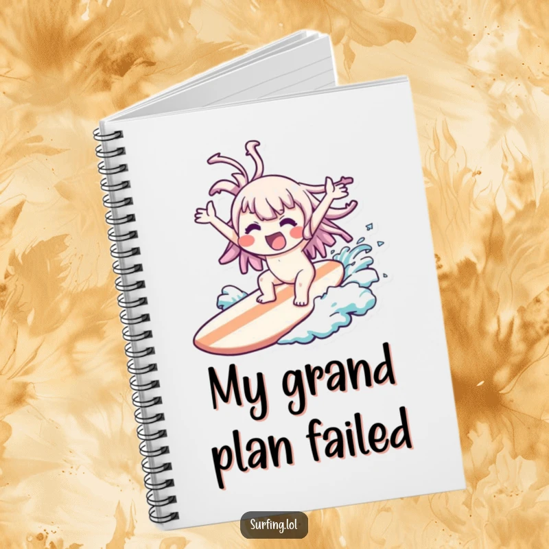 Funny Wipeout Kawaii Notebook: Kawaii character comically wiped out on a surfboard, arms flailing joyfully, great funny gift.