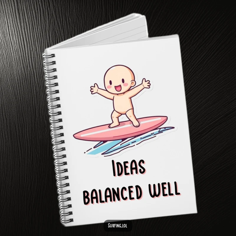 Funny notebook featuring a tiny figure gleefully balancing on a surfboard, perfect for writing funny thoughts and plans.