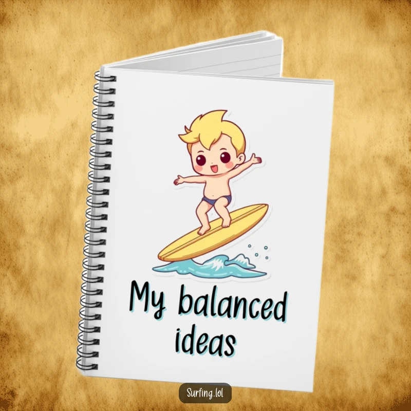 Funny notebook with a surfer perfectly balancing on a surfboard, doing a little shimmy, for note-taking.