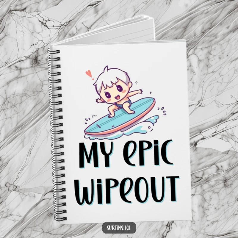 Funny notebook with a small character comically tripping on a surfboard, ideal for jotting down humorous notes.