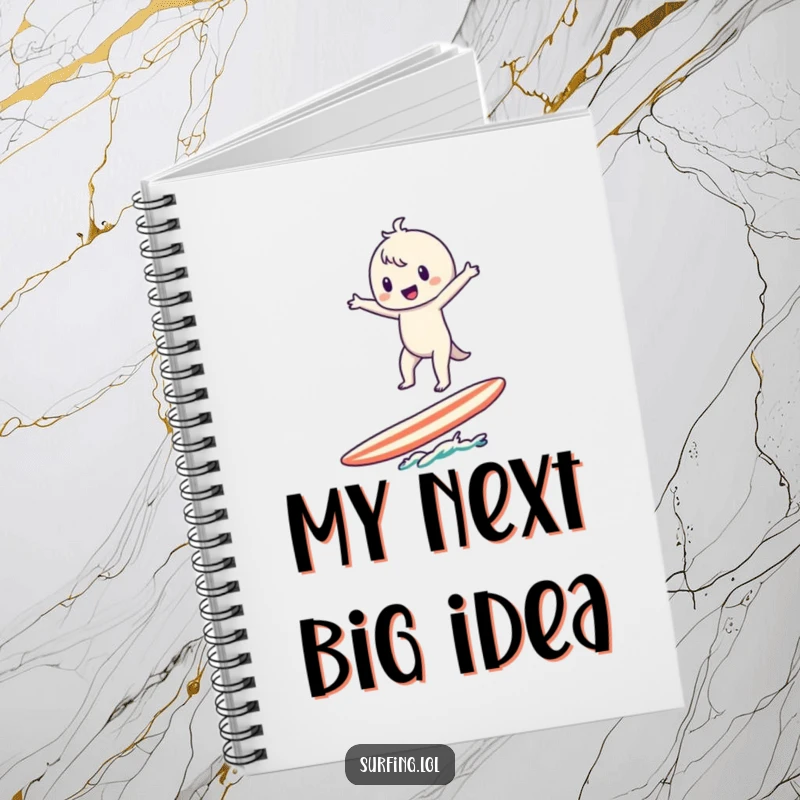 Funny Surfer Character Notebook: A cute character balances precariously on a surfboard, arms wide, inspiring notes.