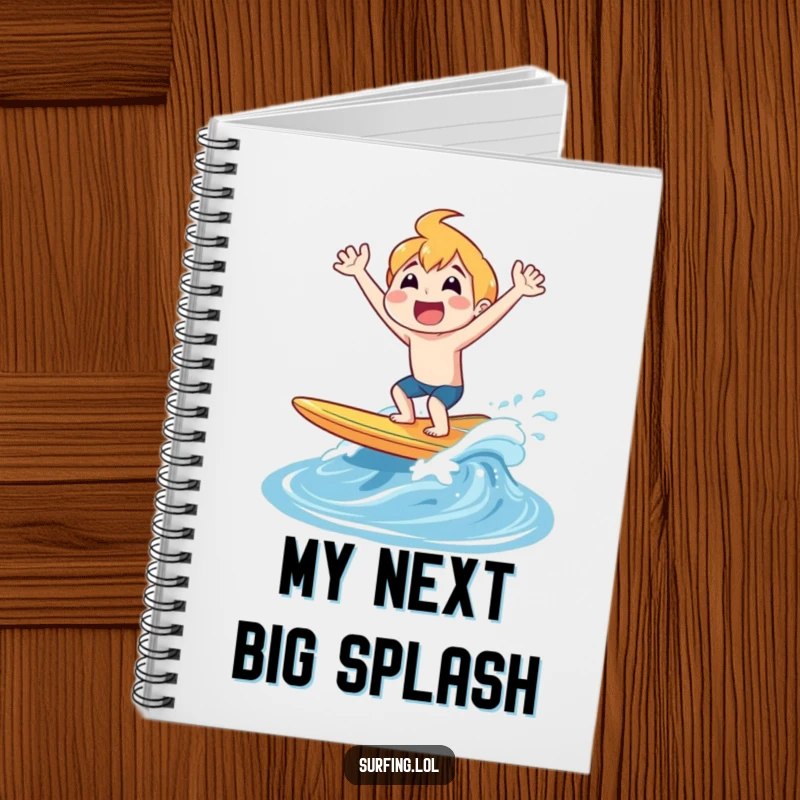 Funny notebook with a character joyfully shouting while popping out of the water on a surfboard, great for capturing ideas.