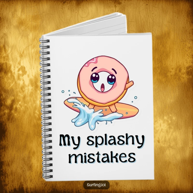 Funny notebook featuring a surprised donut character falling off a surfboard with a splash, perfect for jotting down notes with comical amusement.