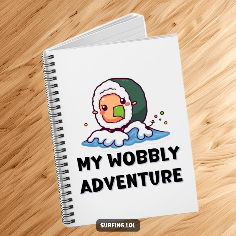 Funny notebook featuring a wobbly sushi roll character catching a tiny wave, perfect for jotting down ideas with playful amusement.