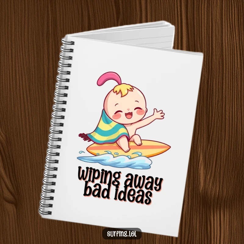 Funny joyful character playfully wiping across surfboard with a colorful towel on a notebook, perfect for notes and sketches, a funny gift.