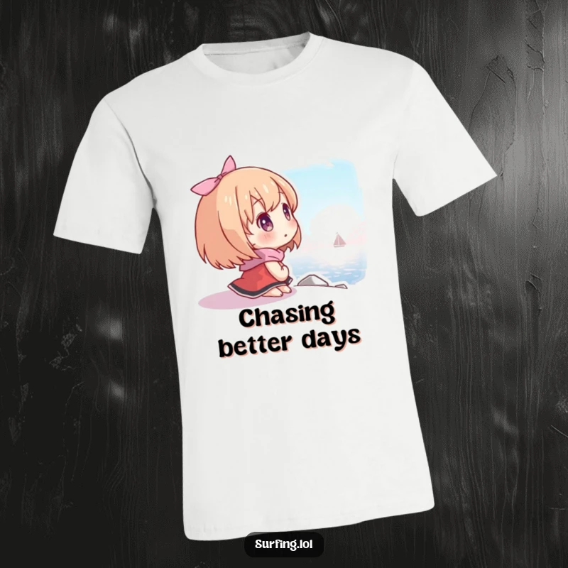 Funny t-shirt showing a character looking at a distant hopeful shore, representing ambition and a positive outlook.