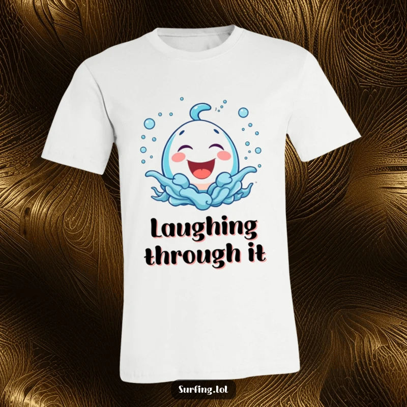 Funny t-shirt featuring a bubbly icon laughing joyfully amidst playful sea spray, perfect for a funny and cheerful gift.