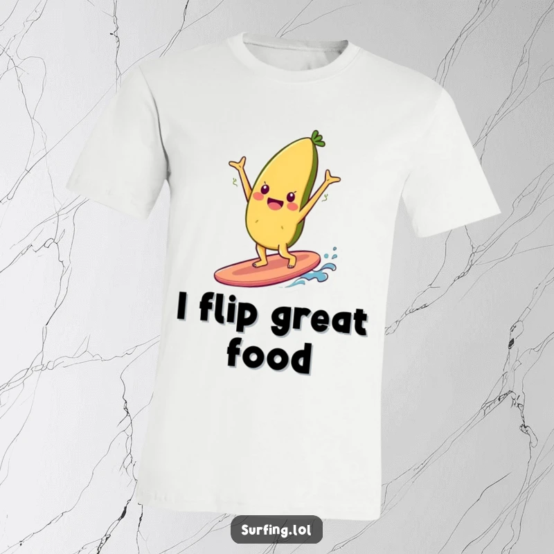 Funny t-shirt with a cheerful food item character balancing in a handstand on a surfboard, looking ecstatic and fun.