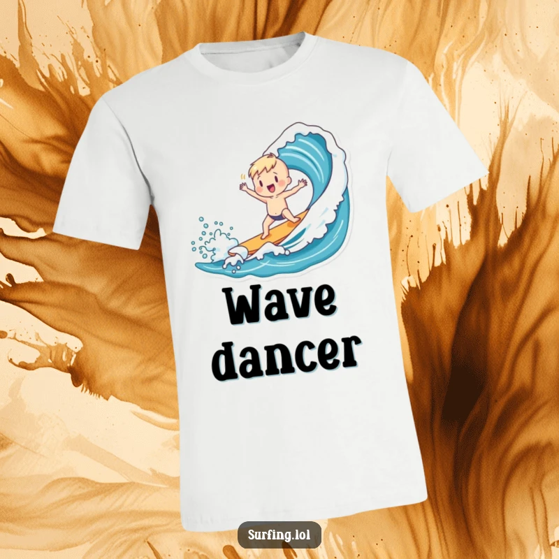 Funny t-shirt depicting a charming figure doing a lively dance after successfully catching a big ocean wave.