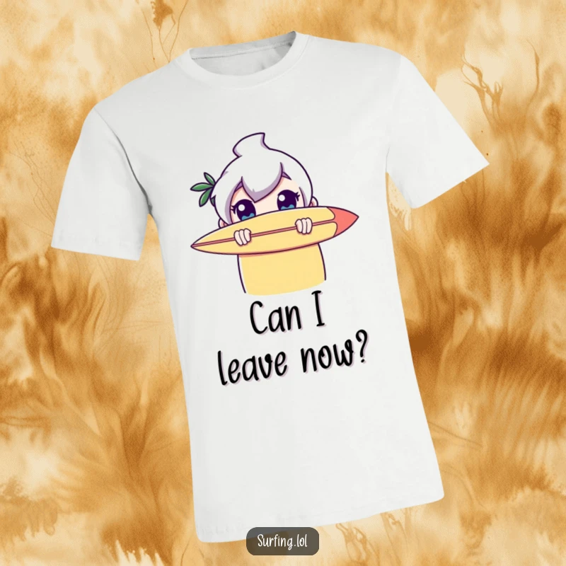 Funny t-shirt: A character peeking from behind a surfboard with enormous, wide eyes, conveying a sense of cute surprise and shyness.