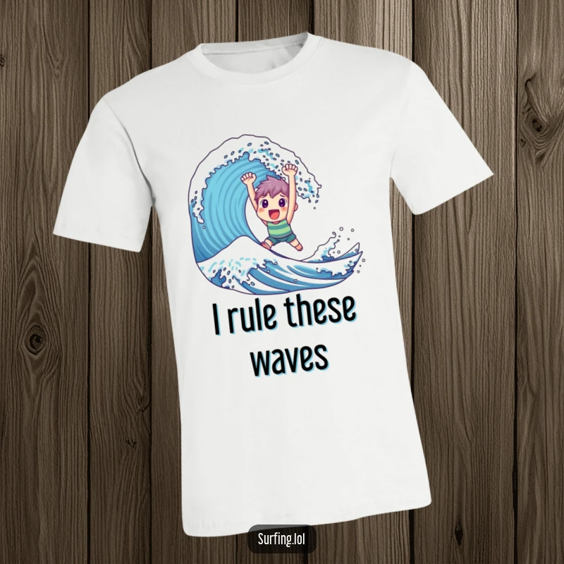 Funny T-Shirt: A character beams with pride, triumphantly surfing a colossal wave with skill and joy.