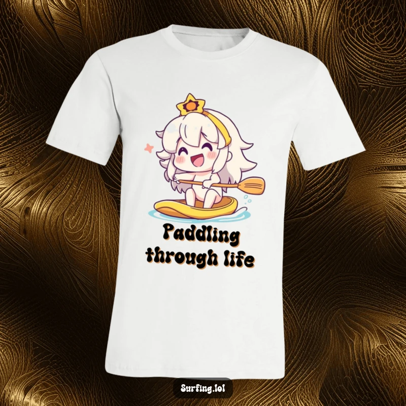 Funny character paddling a kayak with a big smile, energetic t-shirt for a funny gift.