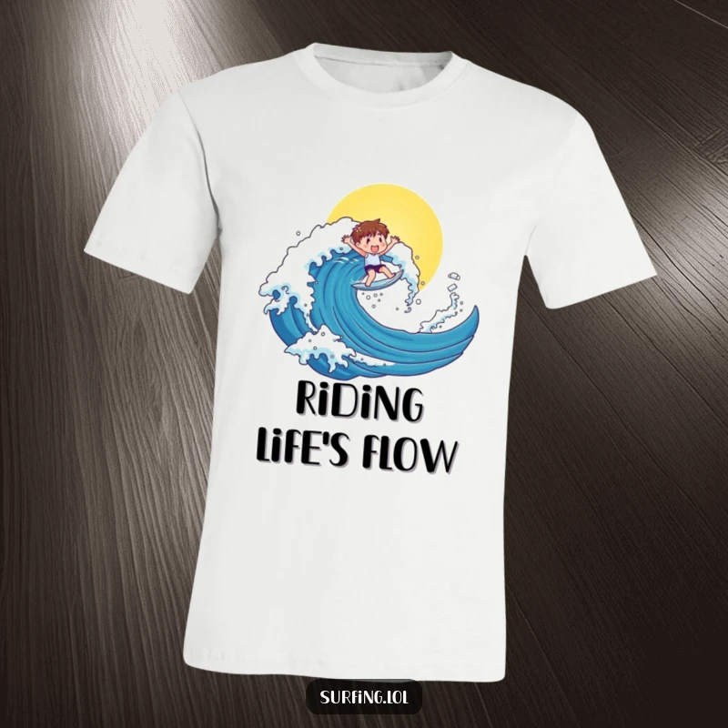 Funny t-shirt of a cute character exuberantly riding a giant, sunny wave, perfect for a funny and adventurous gift.