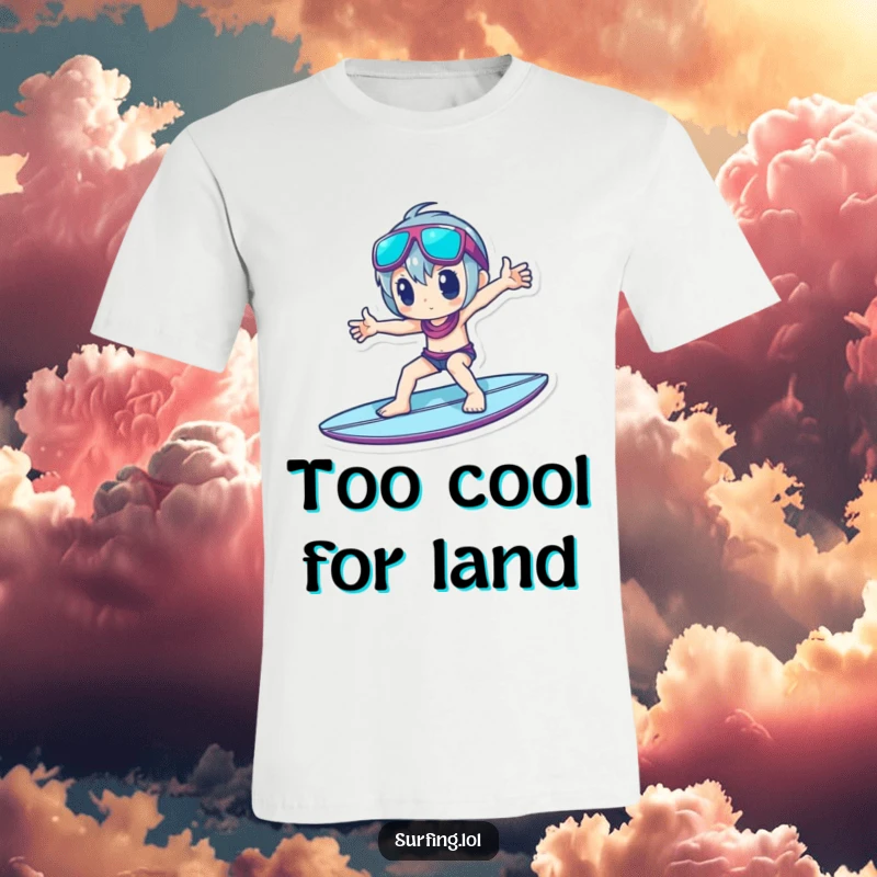 Funny T-Shirt: A character strikes a hip, memorable pose on a surfboard, exuding confidence and style.