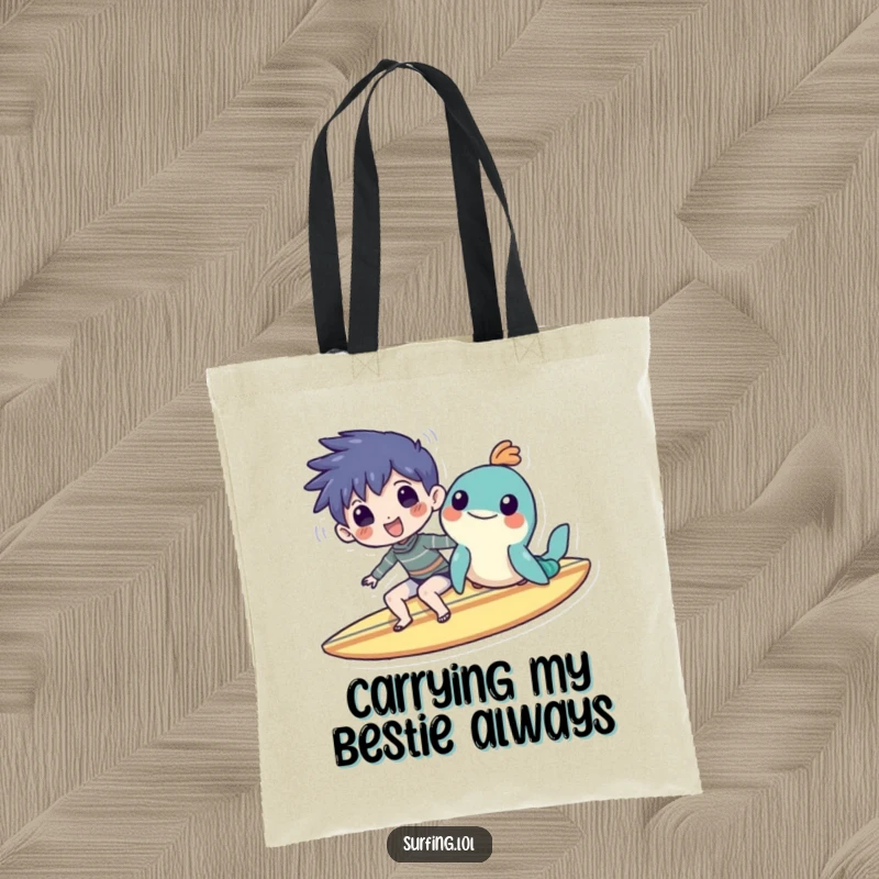 Funny tote bag featuring a character and sea creature smiling on a surfboard, perfect for carrying beach essentials humorously.