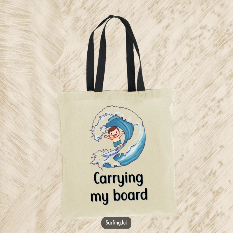 Funny Tote Bag: Character joyfully surfing a massive wave adorned with a smiley face, symbolizing ultimate beach fun.