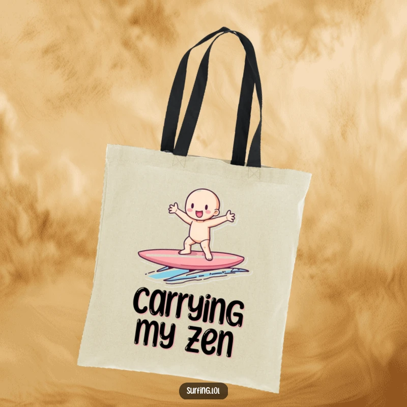 Funny tote bag with a tiny figure gleefully balancing on a surfboard, perfect for carrying essentials with funny flair.