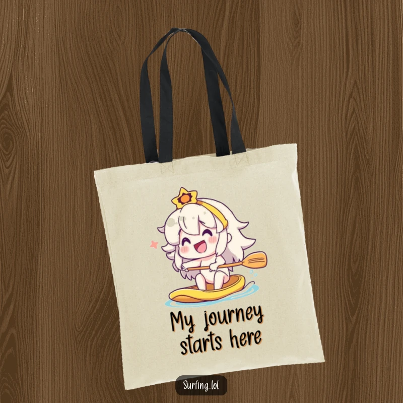 Funny character paddling a raft with a big smile, durable tote bag for a funny gift.