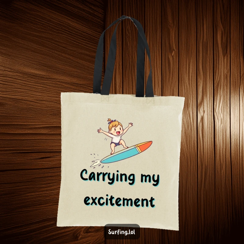 Funny tote bag with a small character jumping with joy on a surfboard mid-air, perfect for carrying essentials with funny flair.