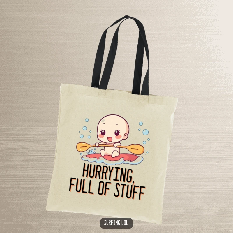 Funny tote bag of a character paddling furiously, leaving a trail of excited bubbles.
