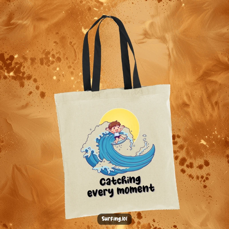 Funny tote bag featuring a cute character surfing a big, sunny wave, perfect for carrying beach gear with funny style.