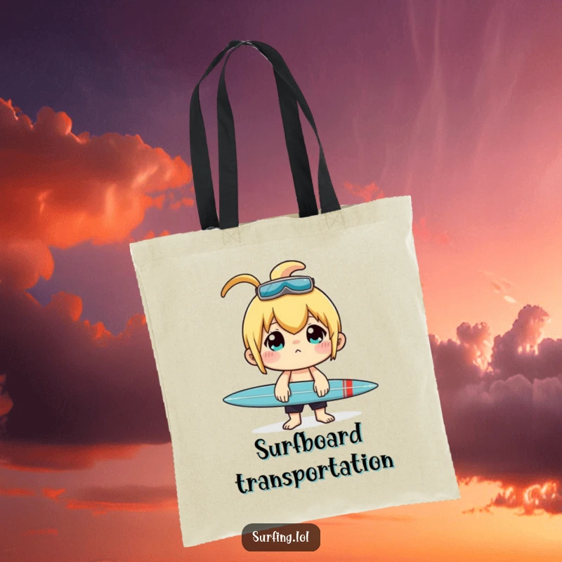 Funny tote bag illustrating a character concentrating hard while balancing a surfboard on their nose.