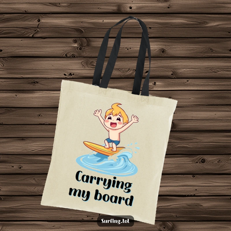 Funny tote bag illustrating a surfer bursting from the ocean on a surfboard with a loud, happy shout of triumph.
