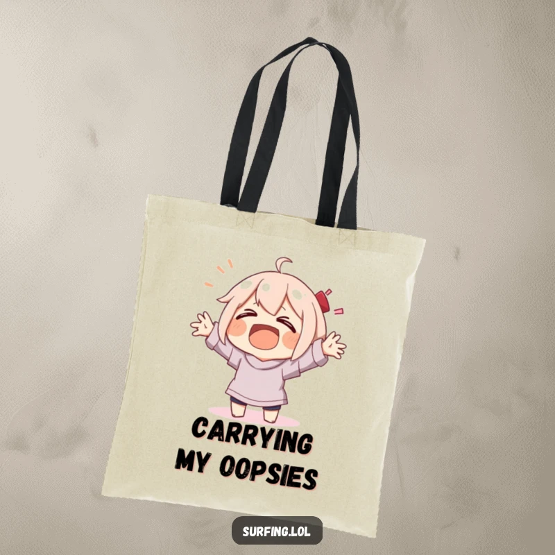 Funny character laughing while wiping out with flailing arms, durable tote bag for a funny gift.
