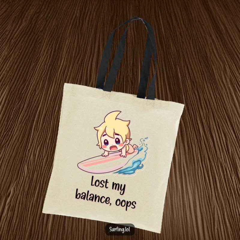 Funny tote bag depicting a character diving headfirst off a surfboard with a gasp of surprise.