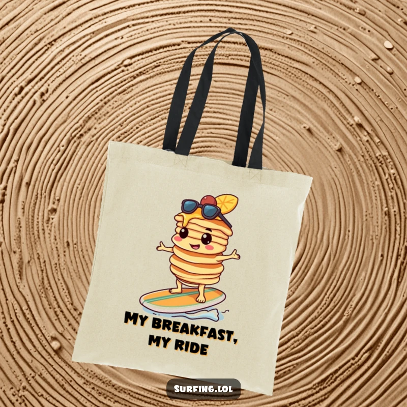 Funny pancake character, determined, balancing pancakes on a surfboard, ready for adventure, durable tote bag, humorous.